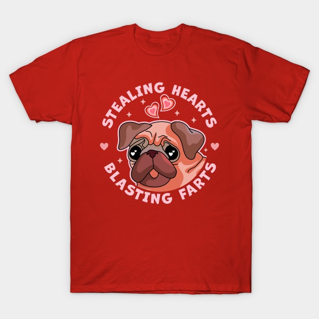 Stealing Hearts and Blasting Farts Dog Pug Valentine's Day T-Shirt by OrangeMonkeyArt